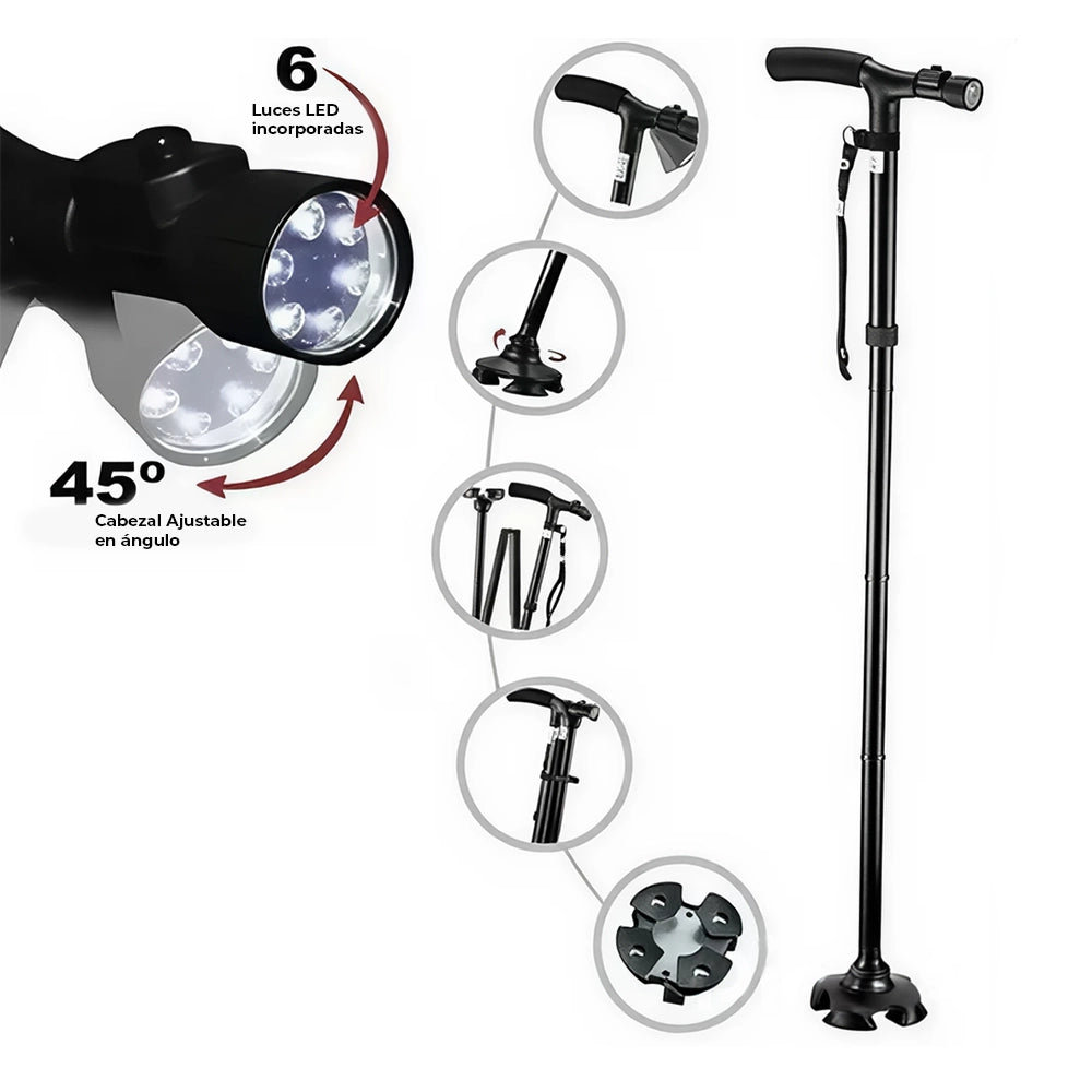 Bastón plegable con linterna, rotación 360